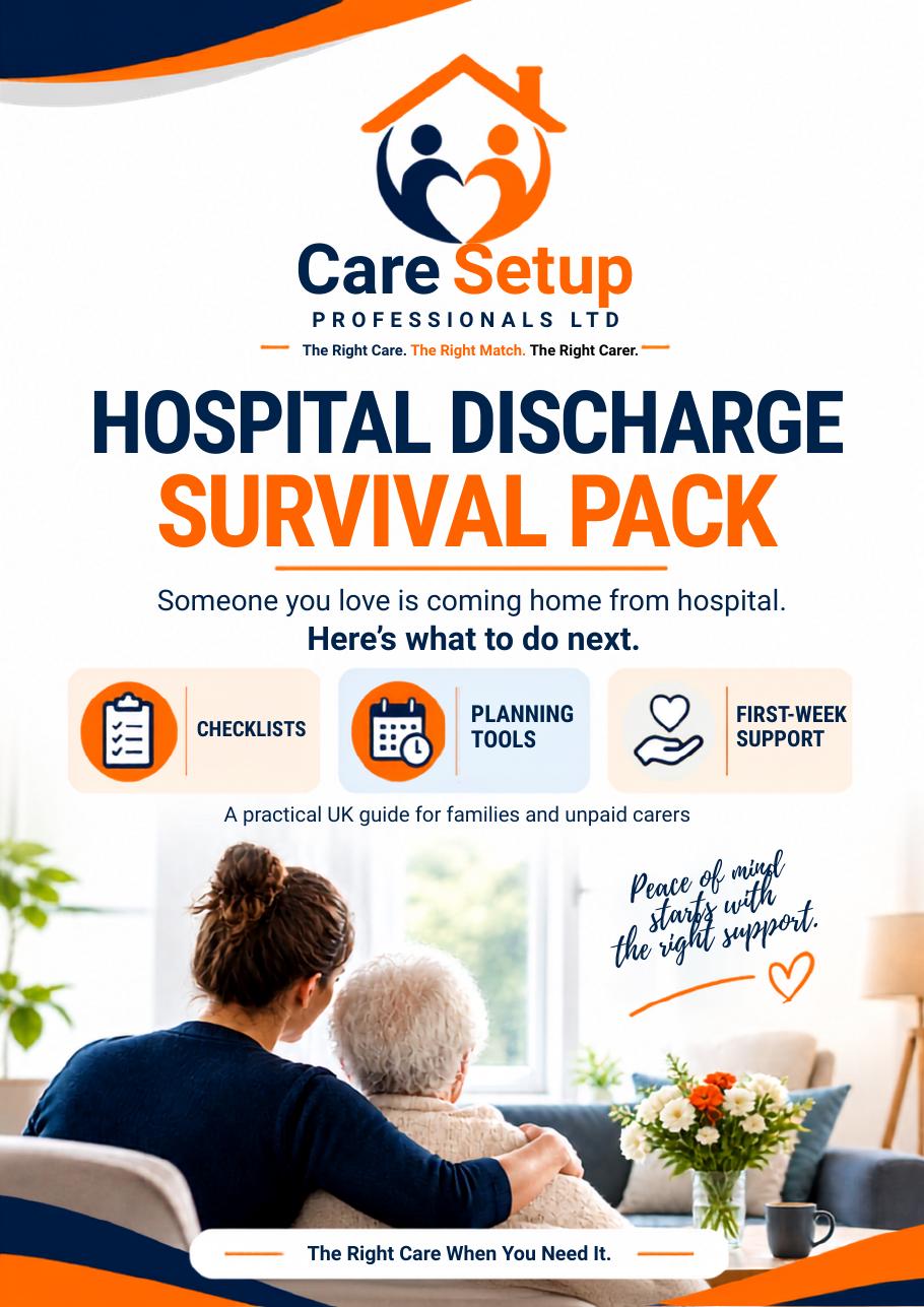 Cover of the CareSetup Hospital Discharge Survival Pack, a 45-page manual for families and unpaid carers
