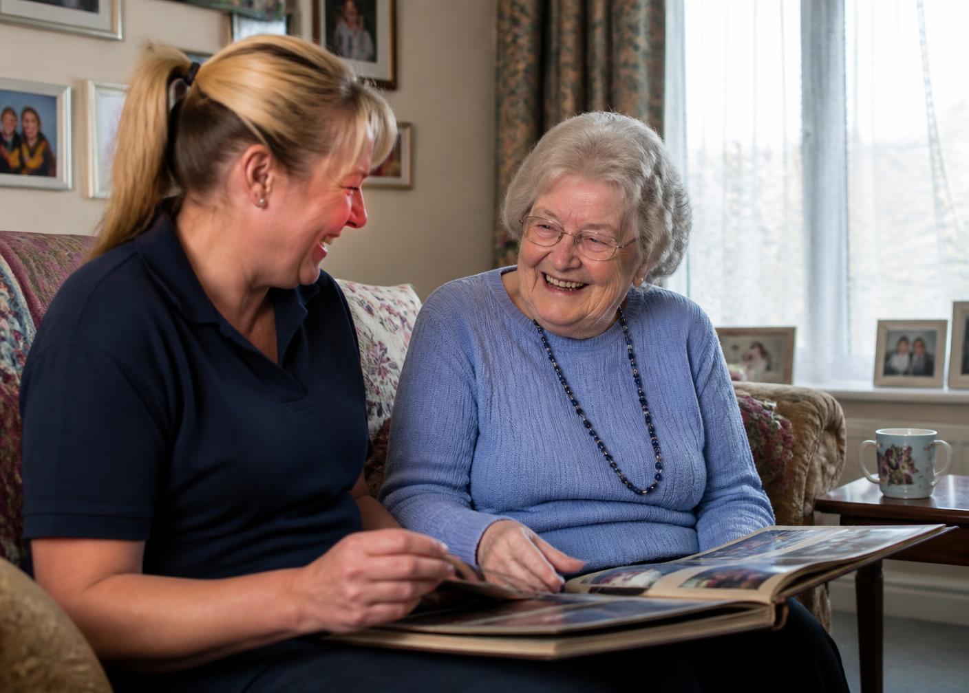 Trained carer assisting an older adult in a wheelchair at home