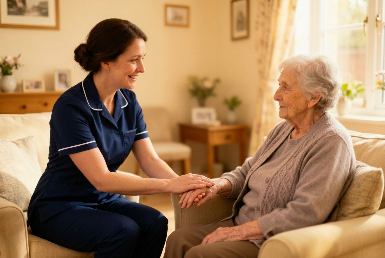 Live-in caregiver compassionately holding the hand of an elderly woman in a sunlit living room