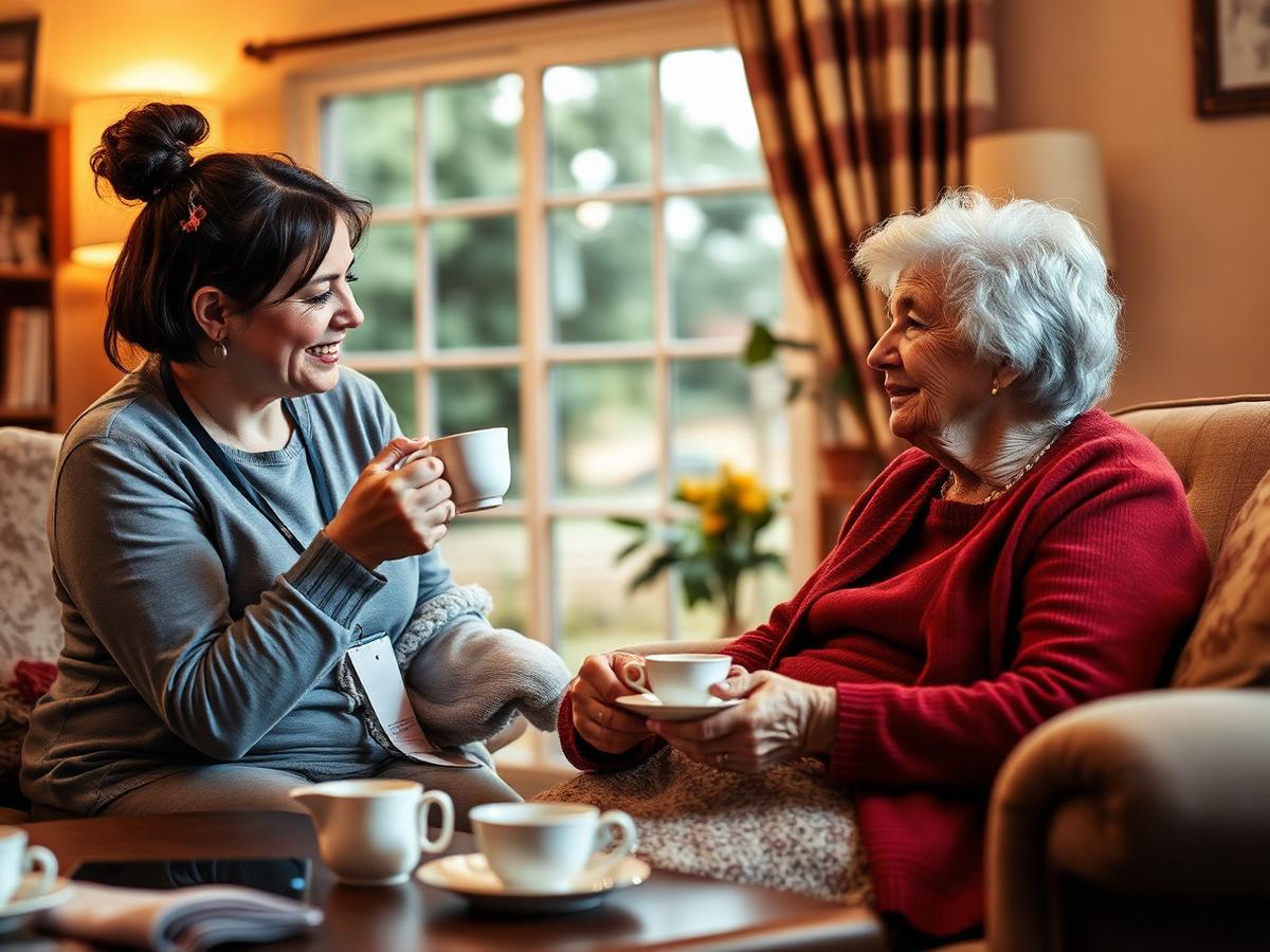 Live-in caregiver enjoying tea with an elderly woman in a warm home setting